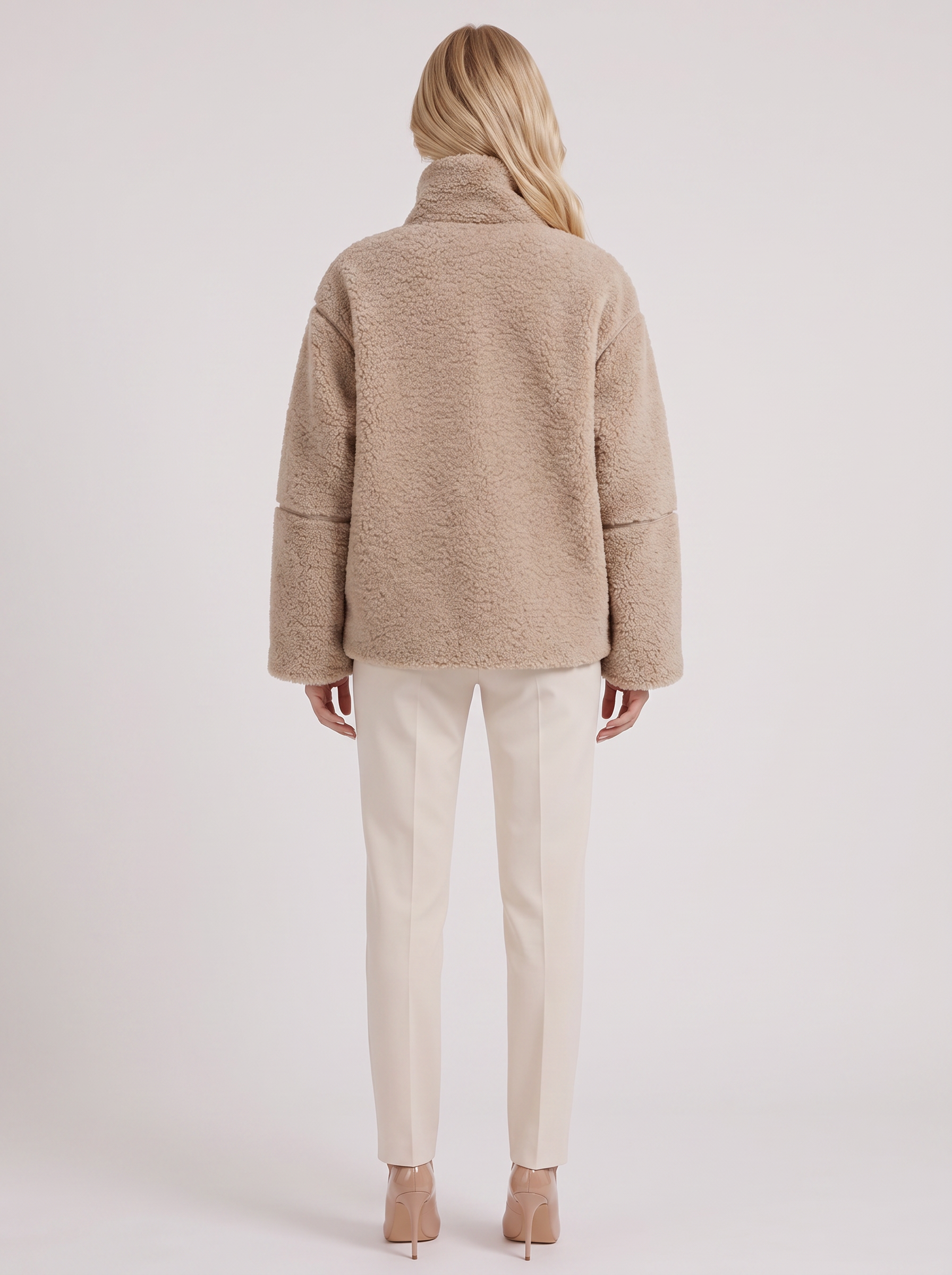 Women beige oversized teddy borg jacket with stand collar and two way zip, back view