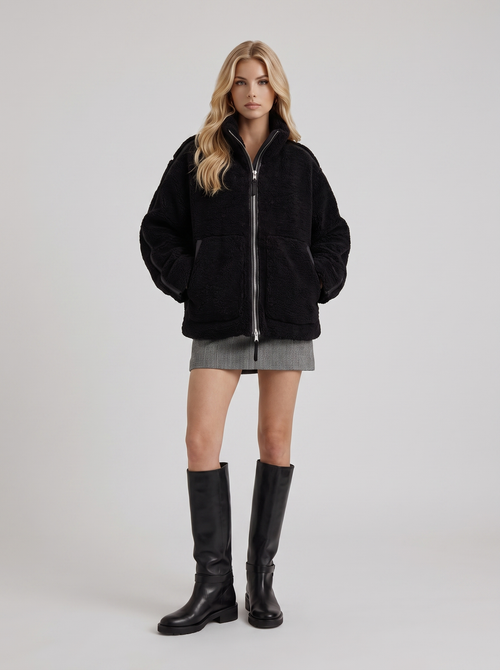 Women black oversized teddy borg jacket with stand collar and two way zip, front view