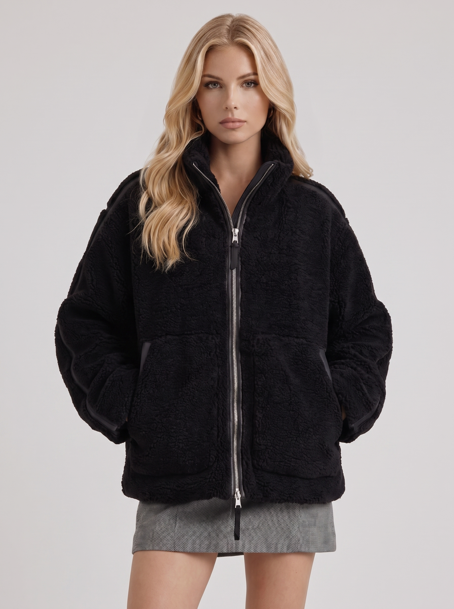 Women black oversized teddy borg jacket with stand collar and two way zip, front detail