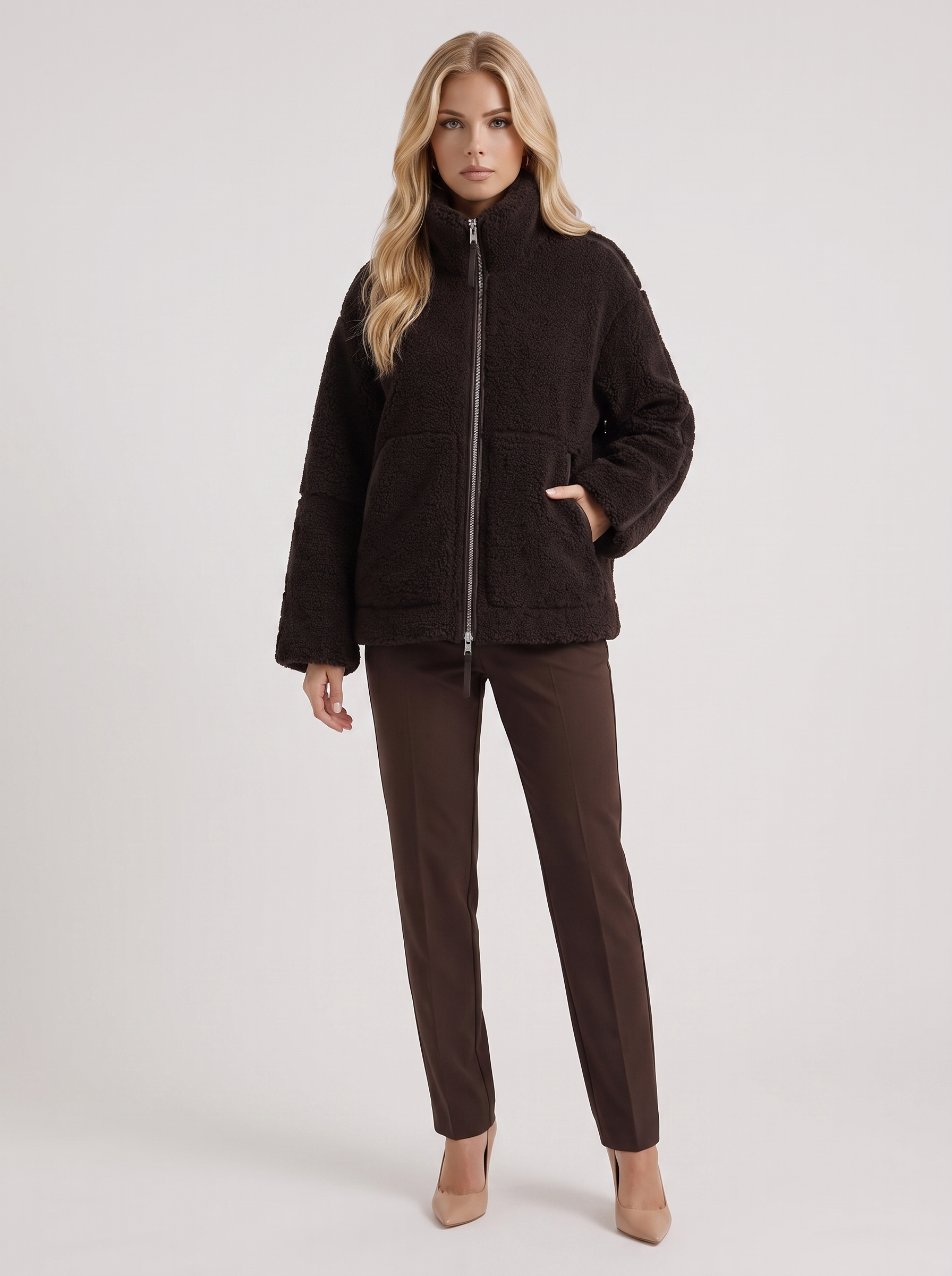 Women chocolate oversized teddy borg jacket with stand collar and two way zip, front view