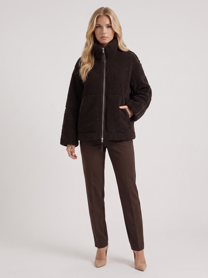 Women chocolate oversized teddy borg jacket with stand collar and two way zip, front view