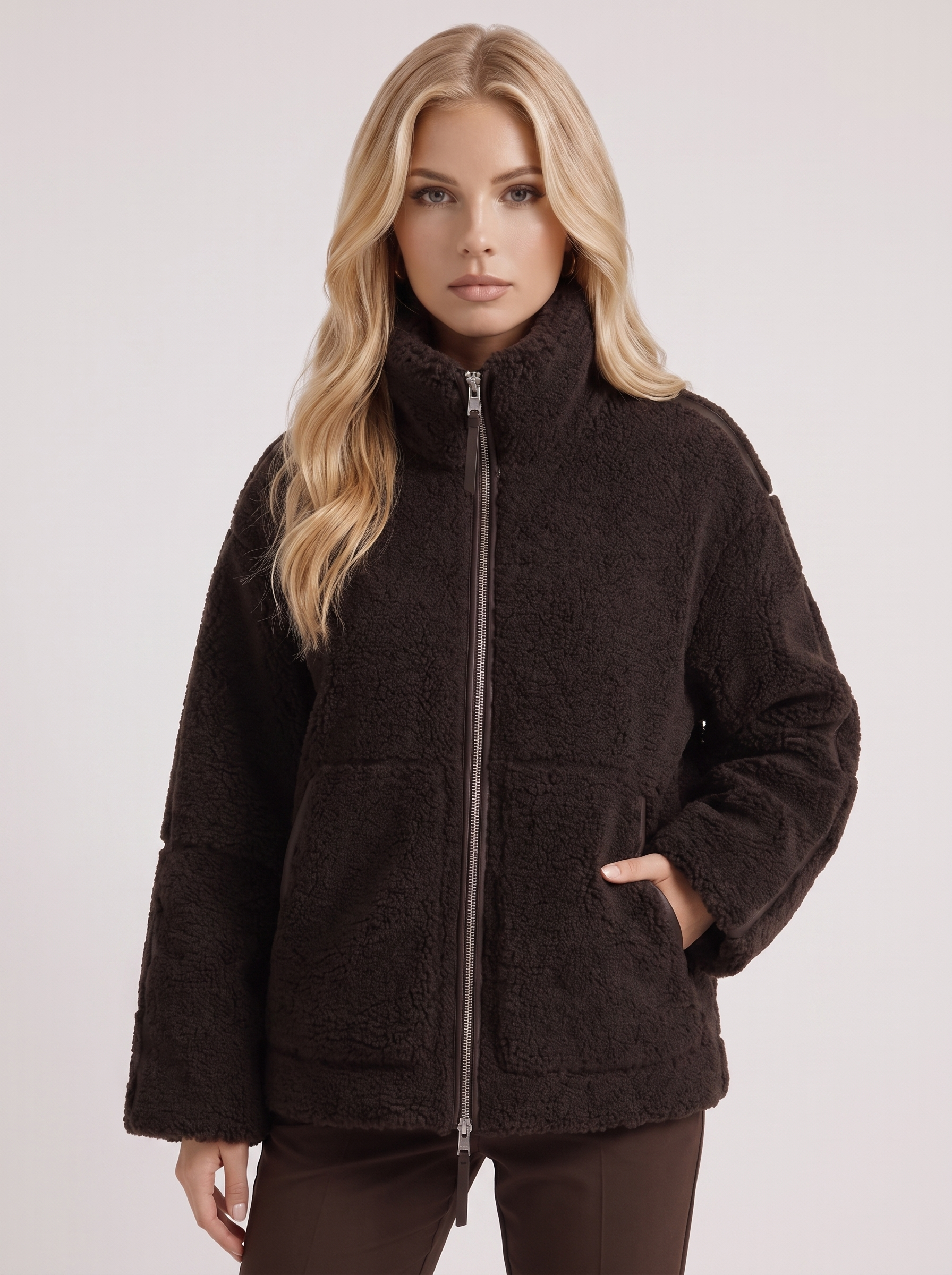 Women chocolate oversized teddy borg jacket with stand collar and two way zip, front detail