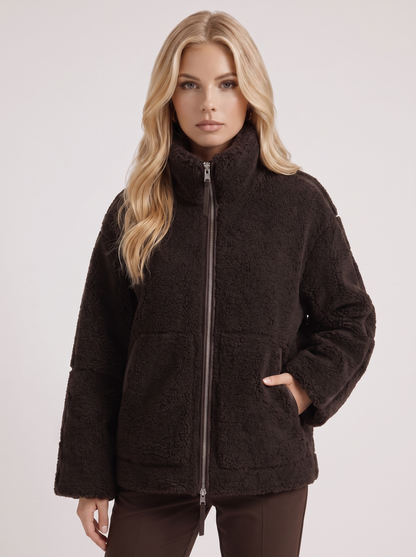 Women chocolate oversized teddy borg jacket with stand collar and two way zip, front detail