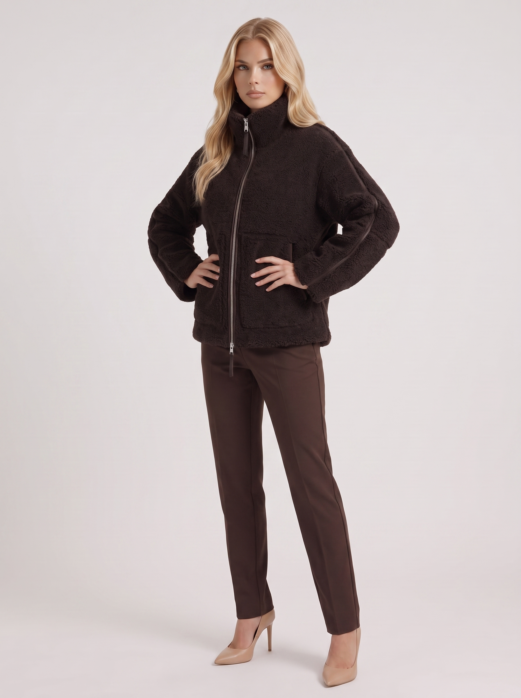 Women chocolate oversized teddy borg jacket with stand collar and two way zip, three quarter view