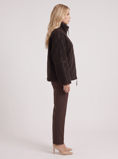 Women chocolate oversized teddy borg jacket with stand collar and two way zip, side view