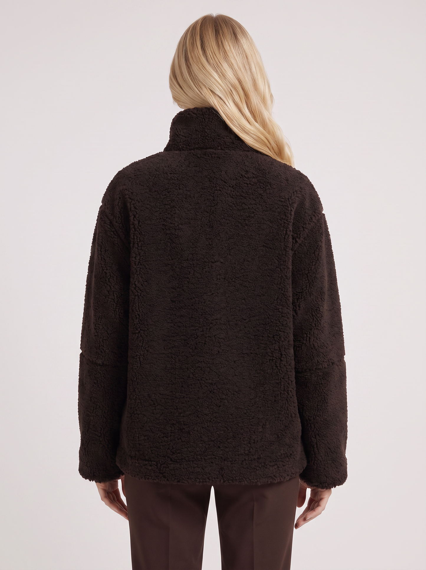 Women chocolate oversized teddy borg jacket with stand collar and two way zip, back view