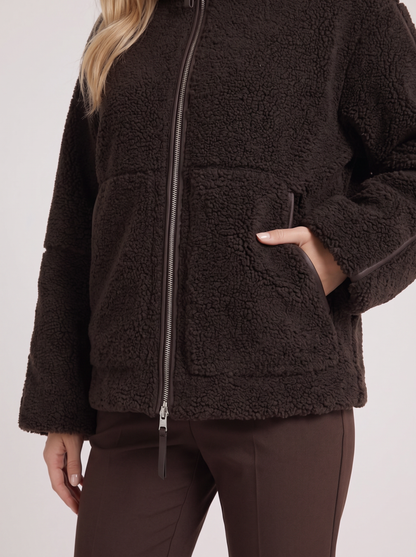 Women chocolate oversized teddy borg jacket with stand collar and two way zip, fabric closeup