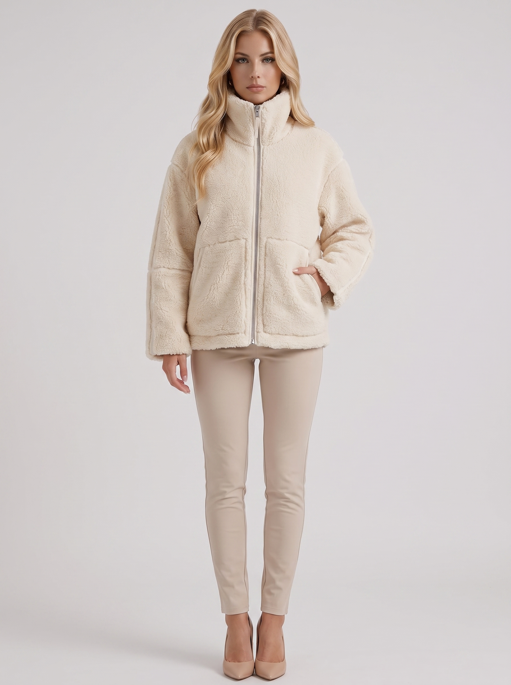 Women white oversized teddy borg jacket with stand collar and two way zip, front view