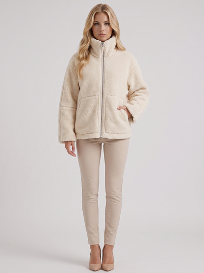 Women white oversized teddy borg jacket with stand collar and two way zip, front view