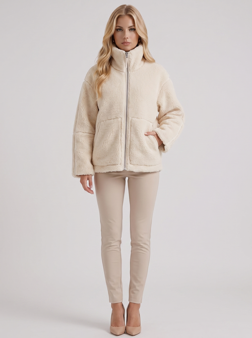 Women white oversized teddy borg jacket with stand collar and two way zip, front view