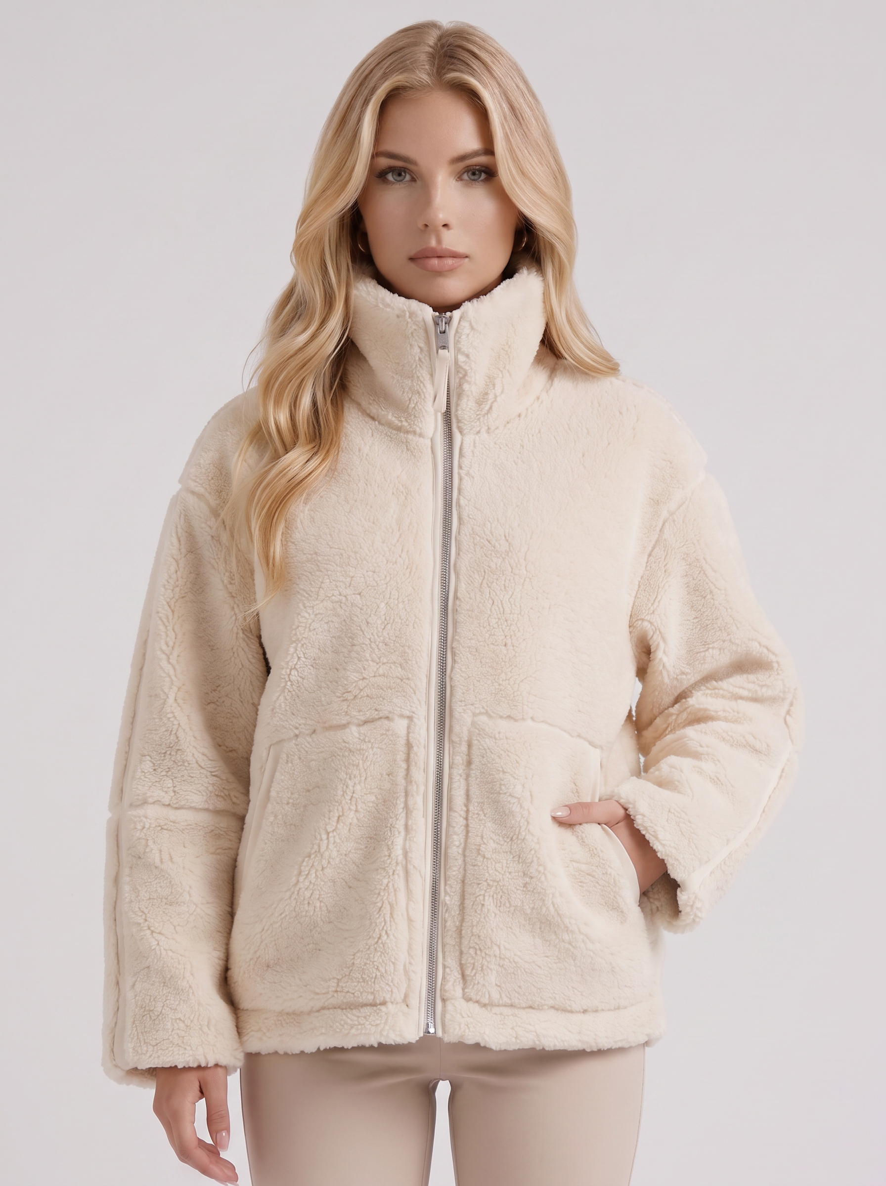 Women white oversized teddy borg jacket with stand collar and two way zip, front detail