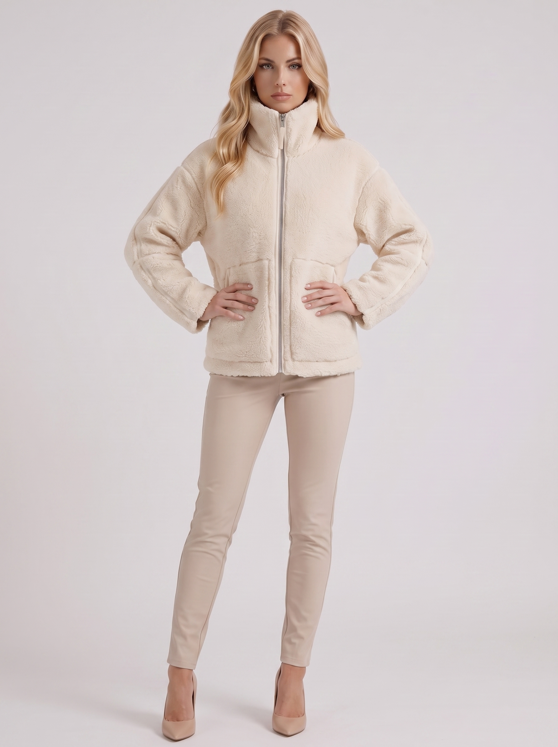 Women white oversized teddy borg jacket with stand collar and two way zip, three quarter view