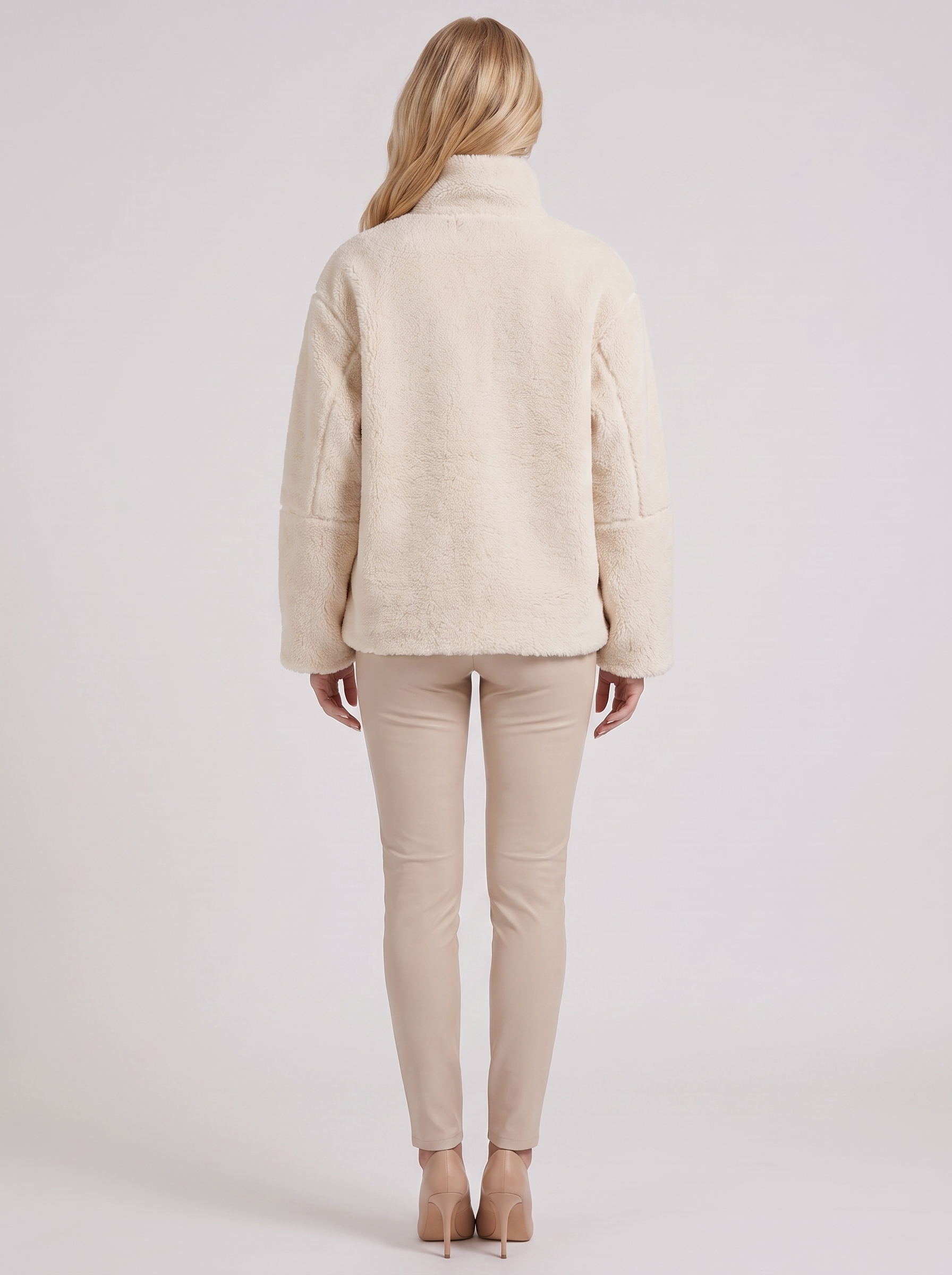 Women white oversized teddy borg jacket with stand collar and two way zip, back view