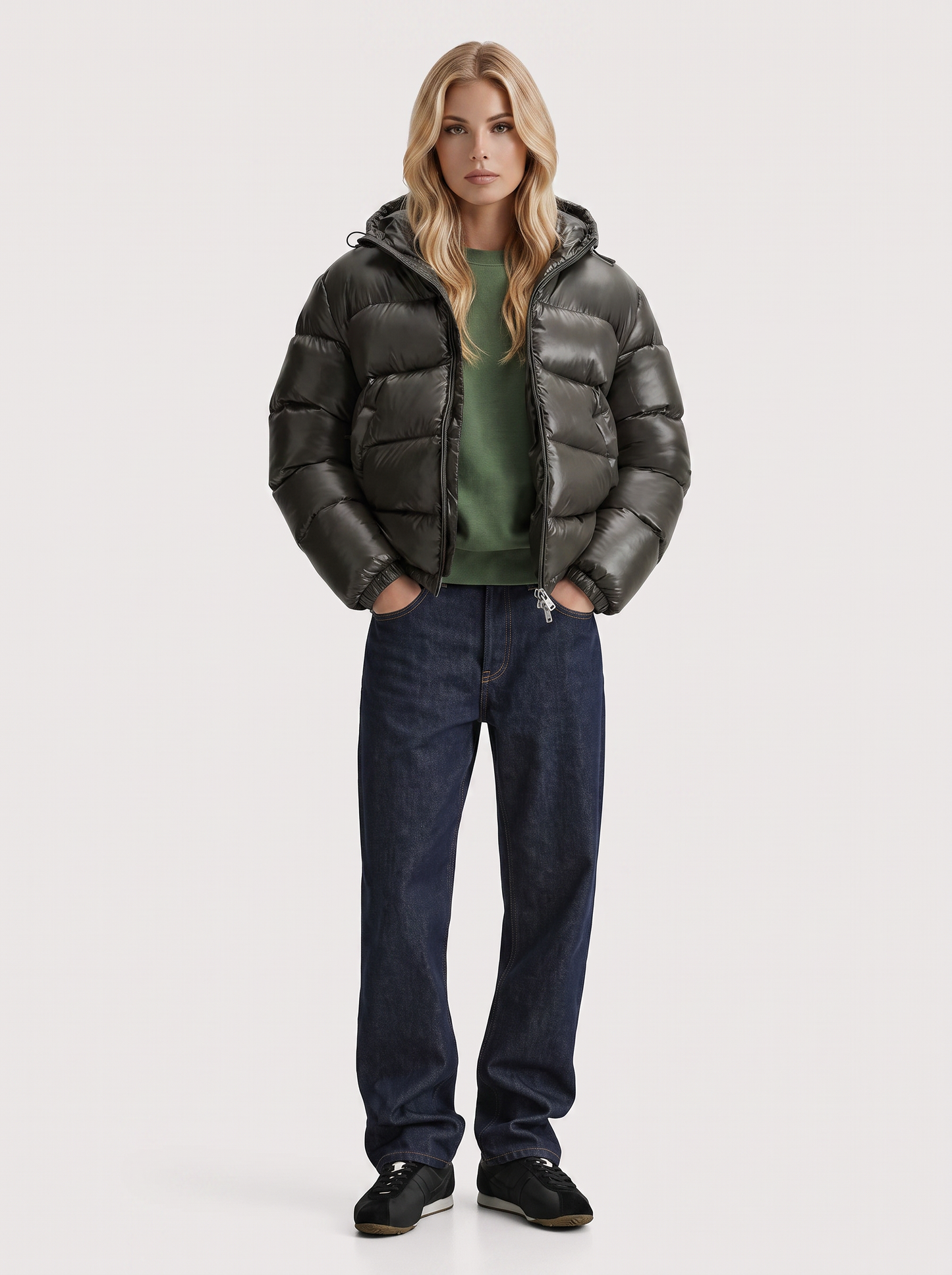 Women army green cropped hooded puffer jacket with horizontal quilting and glossy finish, front view