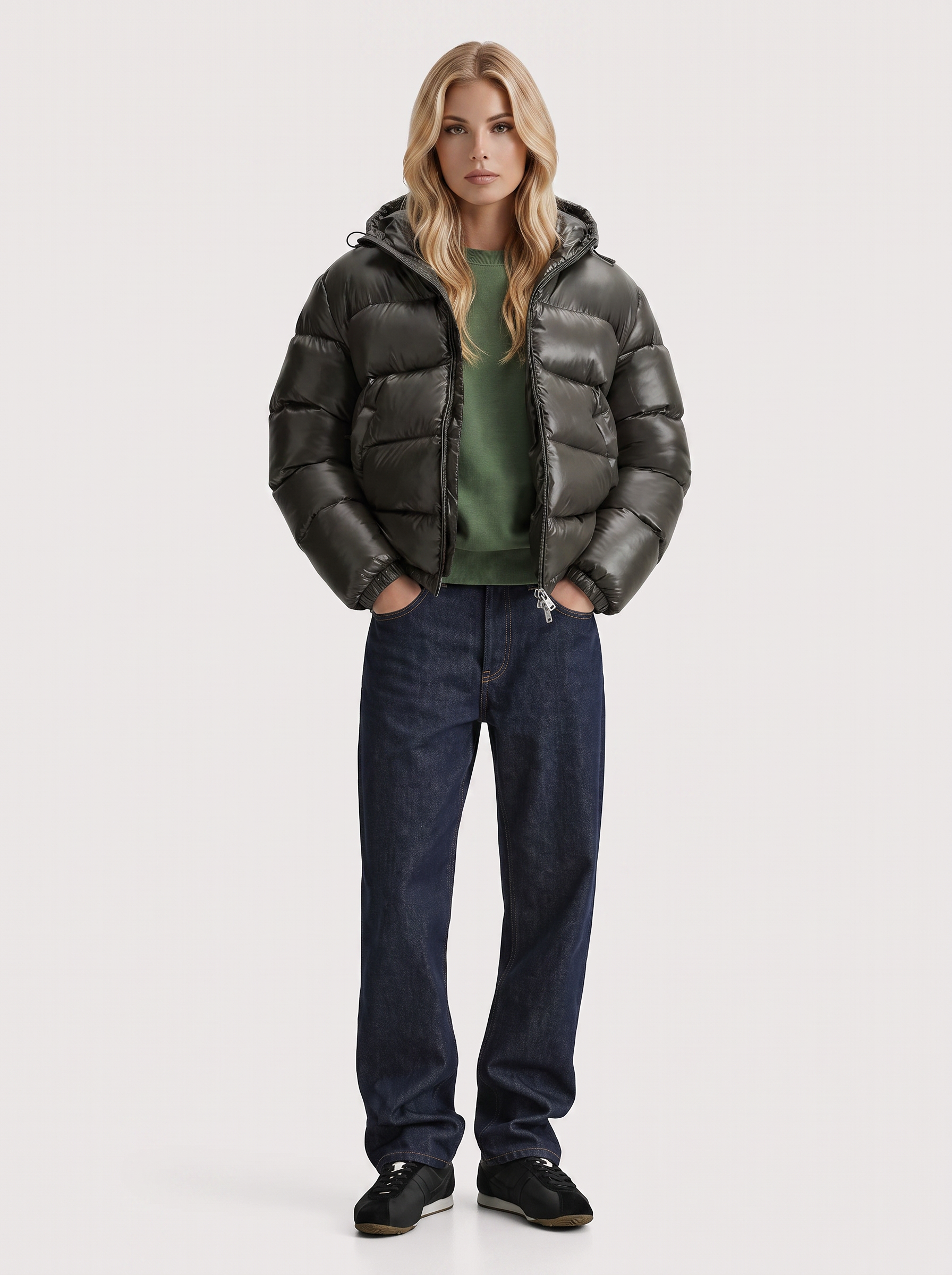 Women army green cropped hooded puffer jacket with horizontal quilting and glossy finish, front view