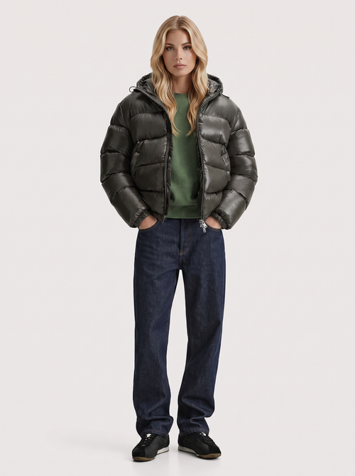 Women army green cropped hooded puffer jacket with horizontal quilting and glossy finish, front view
