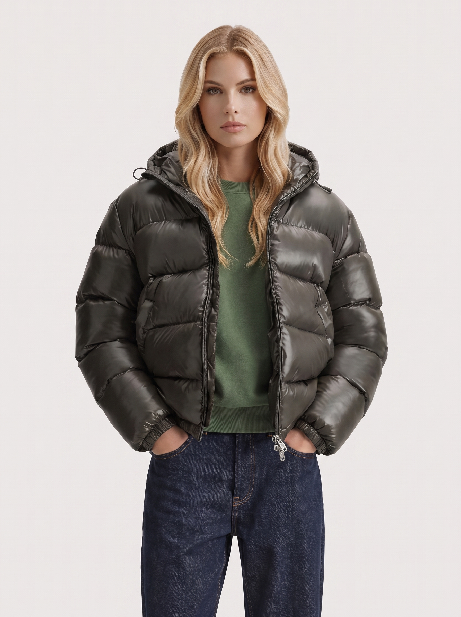Women army green cropped hooded puffer jacket with horizontal quilting and glossy finish, front detail