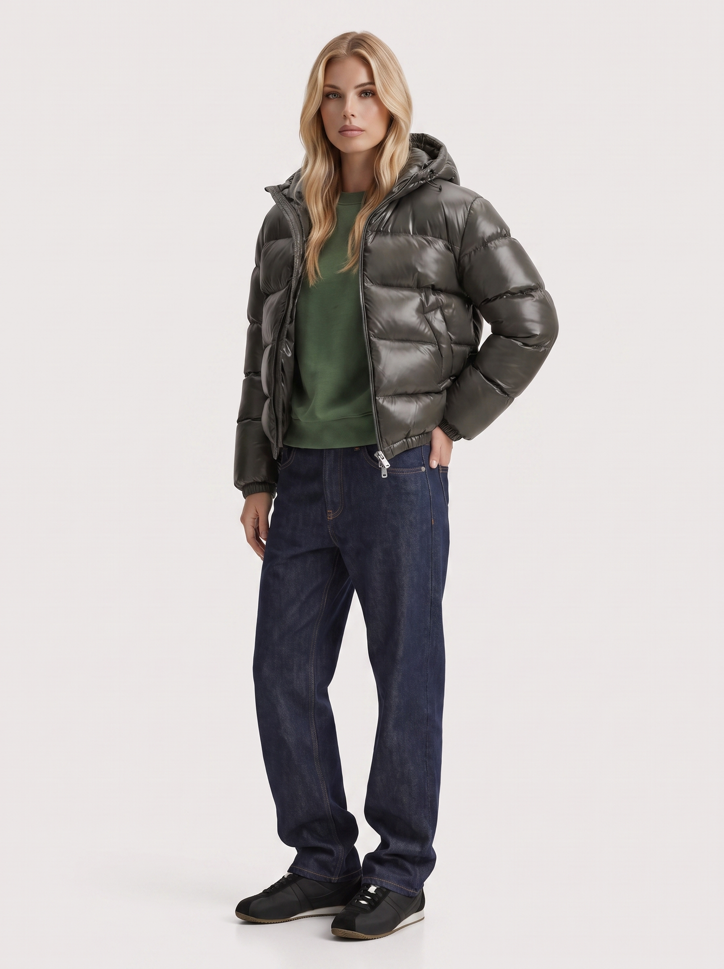 Women army green cropped hooded puffer jacket with horizontal quilting and glossy finish, three quarter view