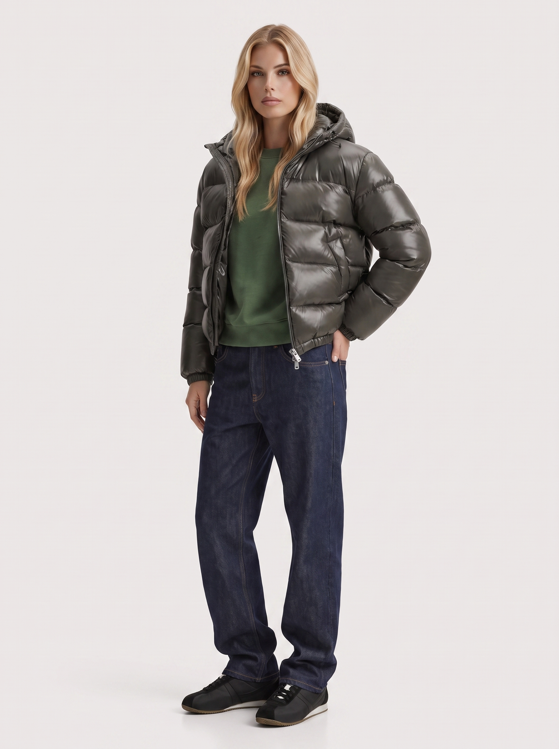 Women army green cropped hooded puffer jacket with horizontal quilting and glossy finish, three quarter view
