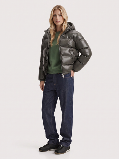 Women army green cropped hooded puffer jacket with horizontal quilting and glossy finish, three quarter view