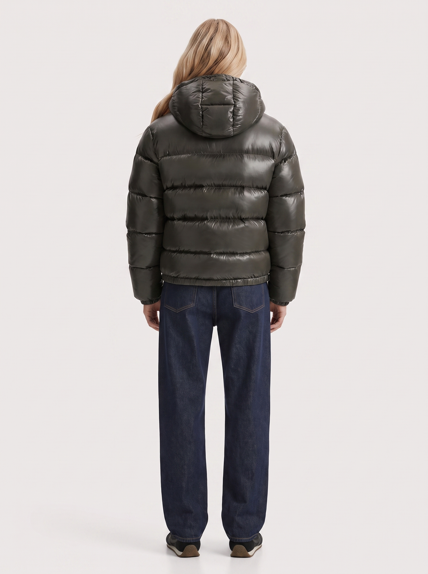 Women army green cropped hooded puffer jacket with horizontal quilting and glossy finish, back view