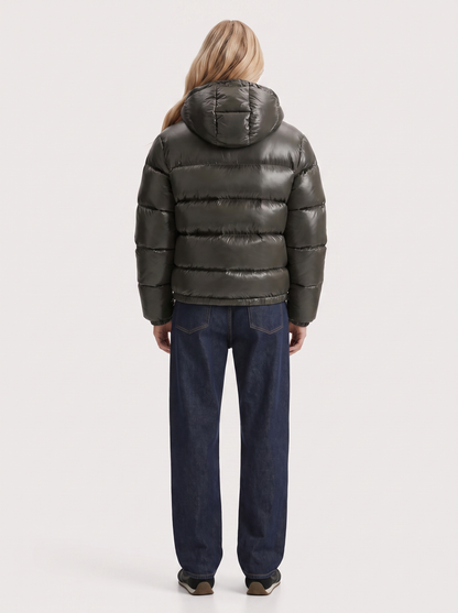 Women army green cropped hooded puffer jacket with horizontal quilting and glossy finish, back view