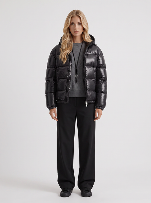 Women black cropped hooded puffer jacket with horizontal quilting and glossy finish, front view