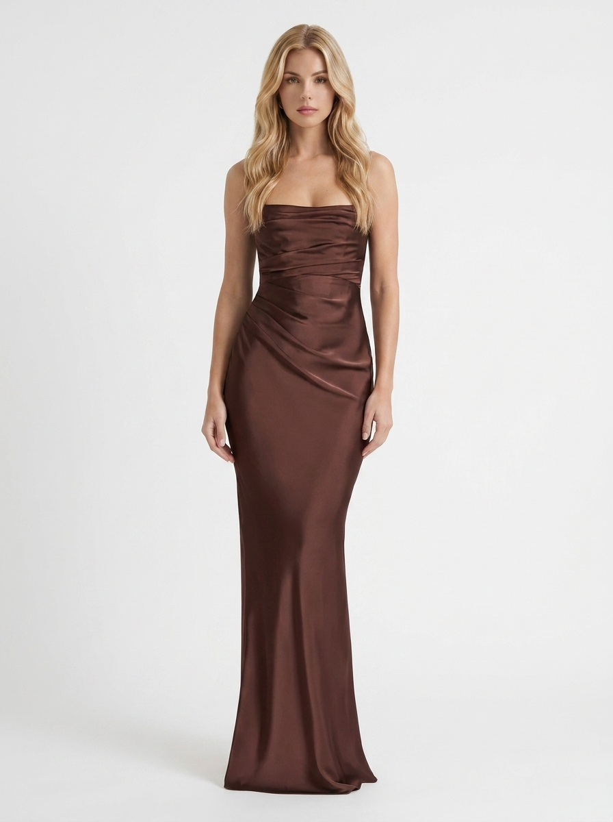 Women brown satin strapless ruched maxi dress with bodycon column silhouette, front view