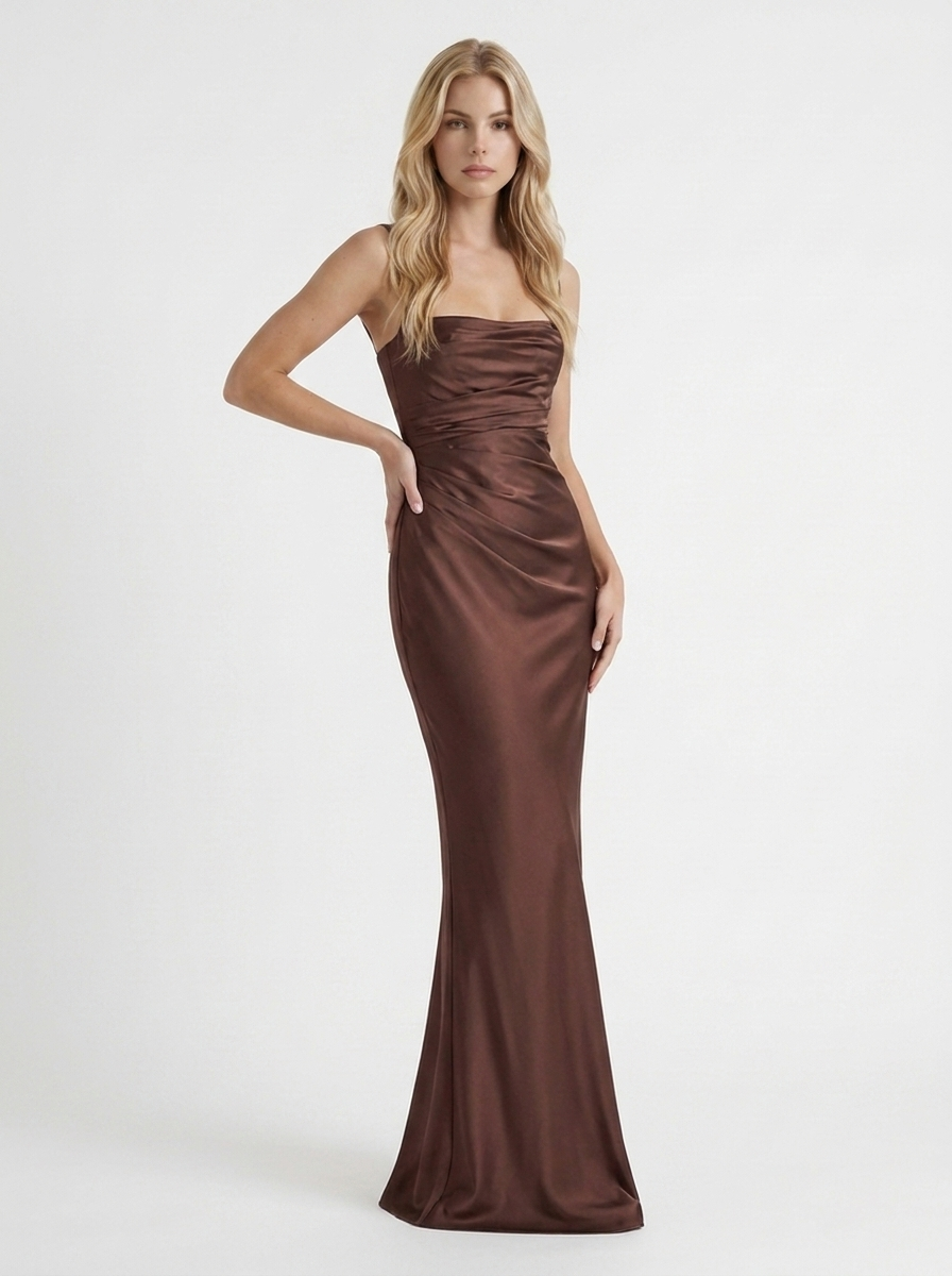 Women brown satin strapless maxi dress with bodycon column and mermaid hem, 45 degree angle