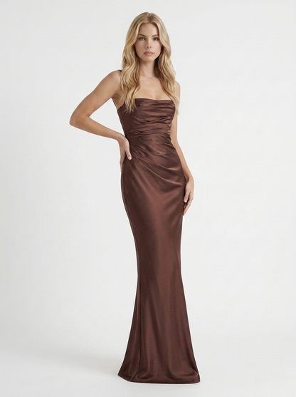 Women brown satin strapless maxi dress with bodycon column and mermaid hem, 45 degree angle