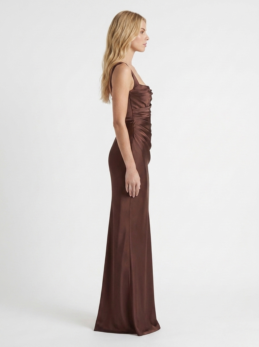 Women brown satin strapless ruched maxi dress with side ruching, side profile