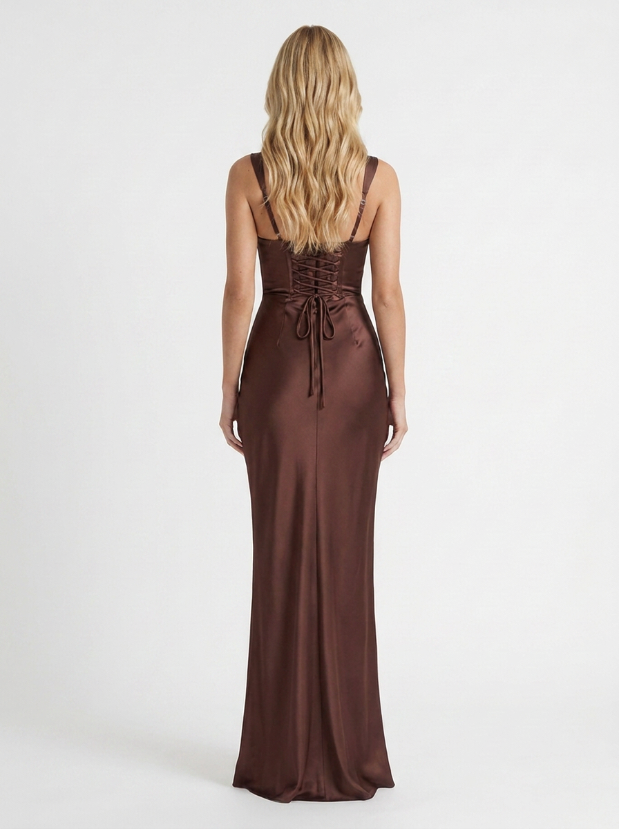 Women brown satin strapless maxi dress with open back and bodycon silhouette, back view