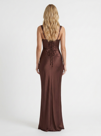 Women brown satin strapless maxi dress with open back and bodycon silhouette, back view