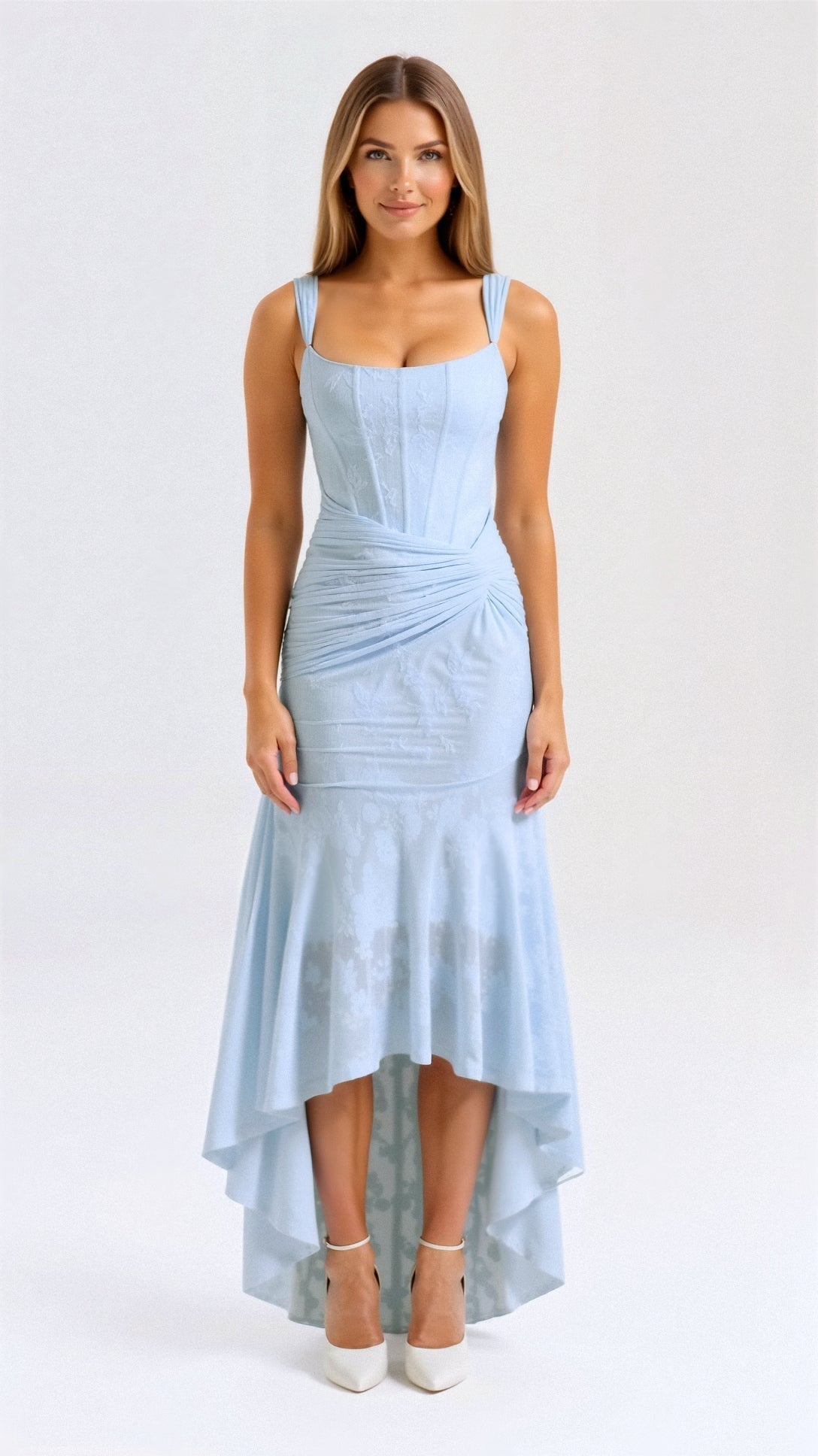 Women’s Sleeveless Midi Dress with Structured Bodice and Asymmetrical Hem