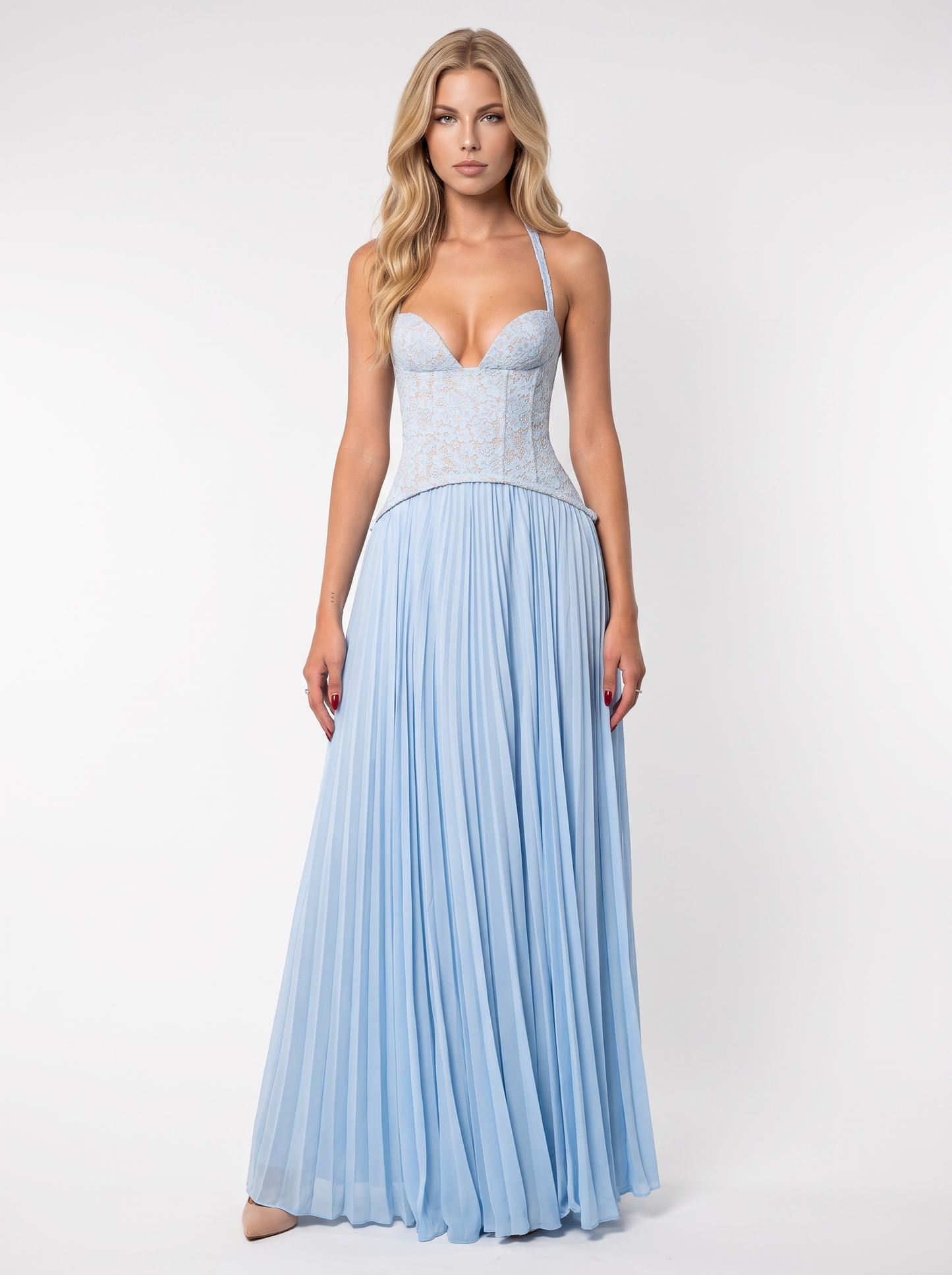 Women blue floral lace bodice maxi dress with pleated skirt