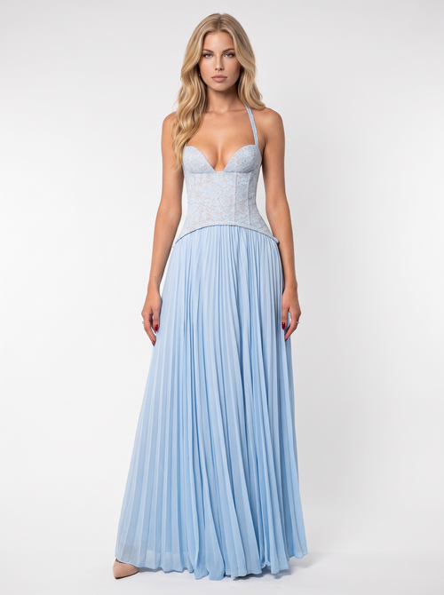 Women blue floral lace bodice maxi dress with pleated skirt