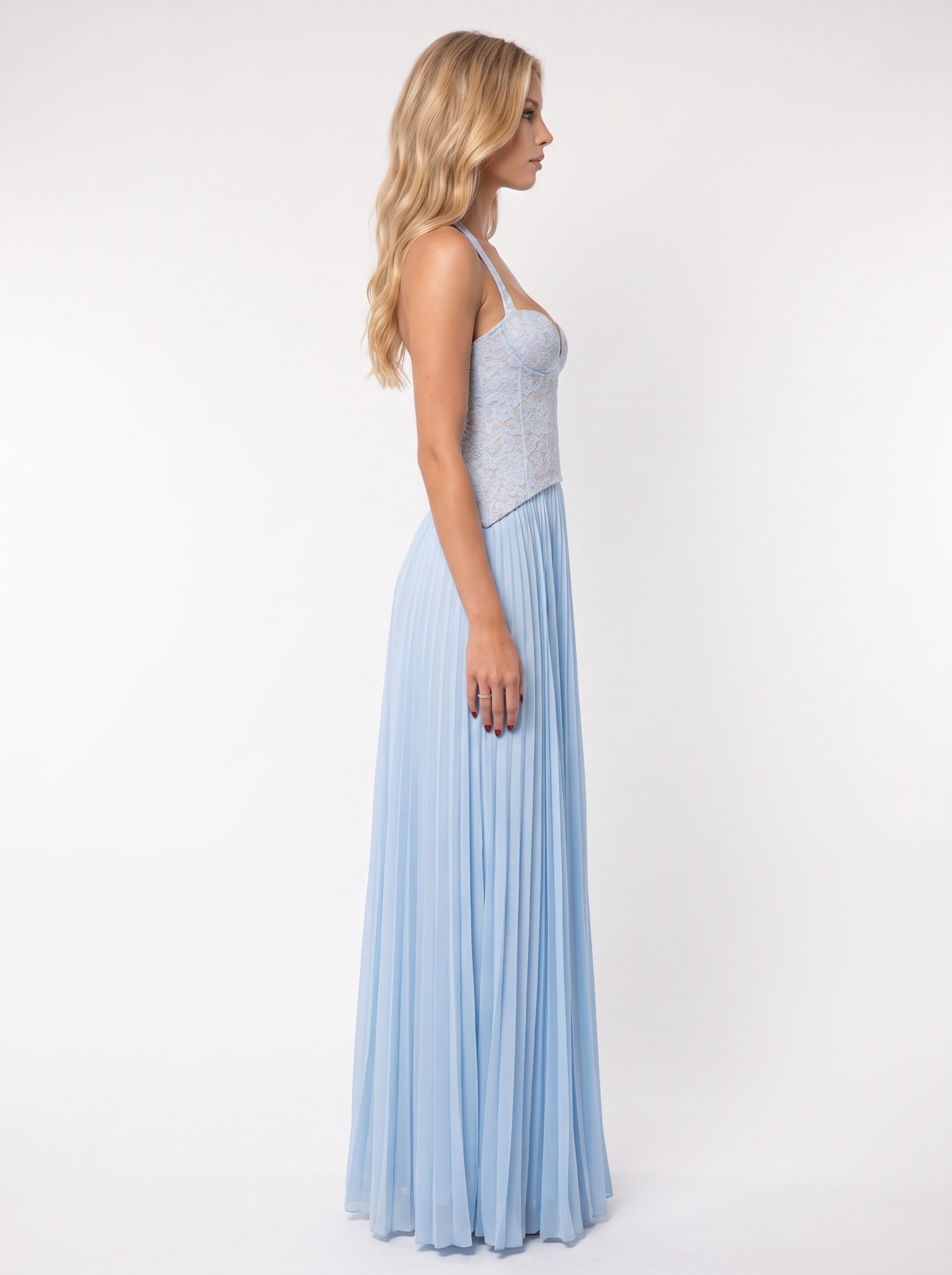 Women blue floral lace bodice maxi dress with pleated skirt