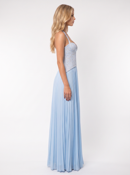 Women blue floral lace bodice maxi dress with pleated skirt