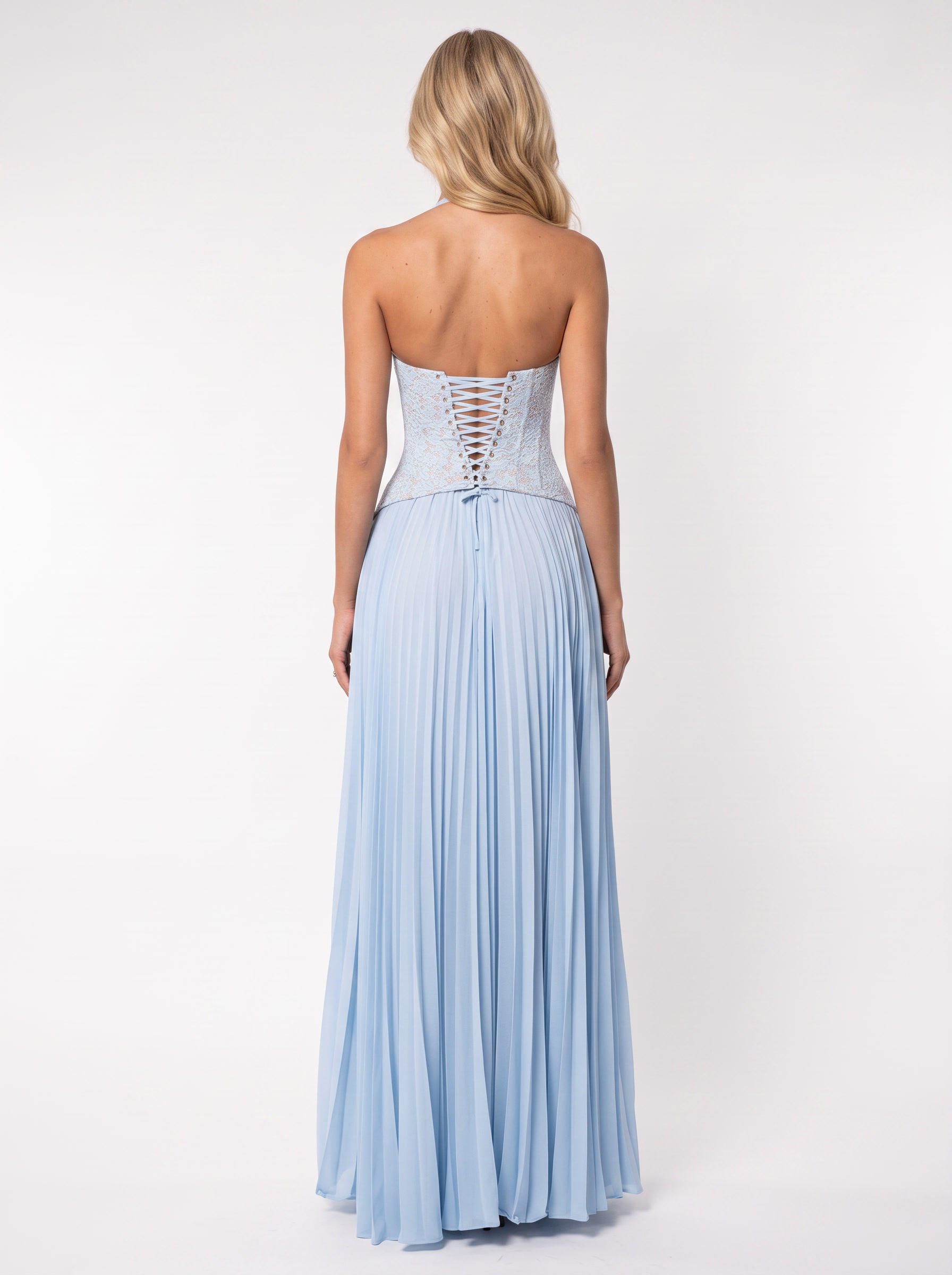 Women blue floral lace bodice maxi dress with pleated skirt
