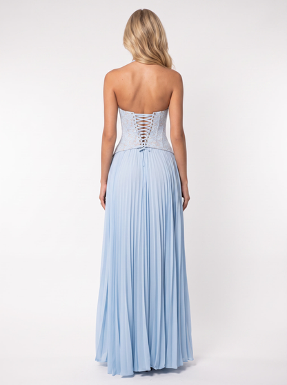 Women blue floral lace bodice maxi dress with pleated skirt