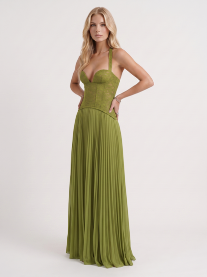 Women green floral lace bodice maxi dress with pleated skirt