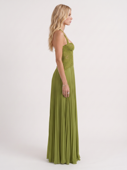 Women green floral lace bodice maxi dress with pleated skirt