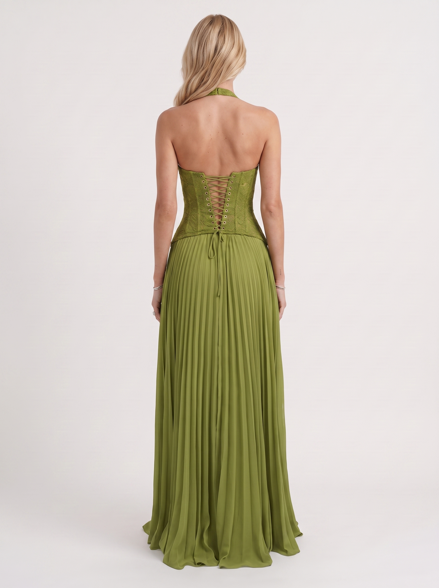 Women green floral lace bodice maxi dress with pleated skirt