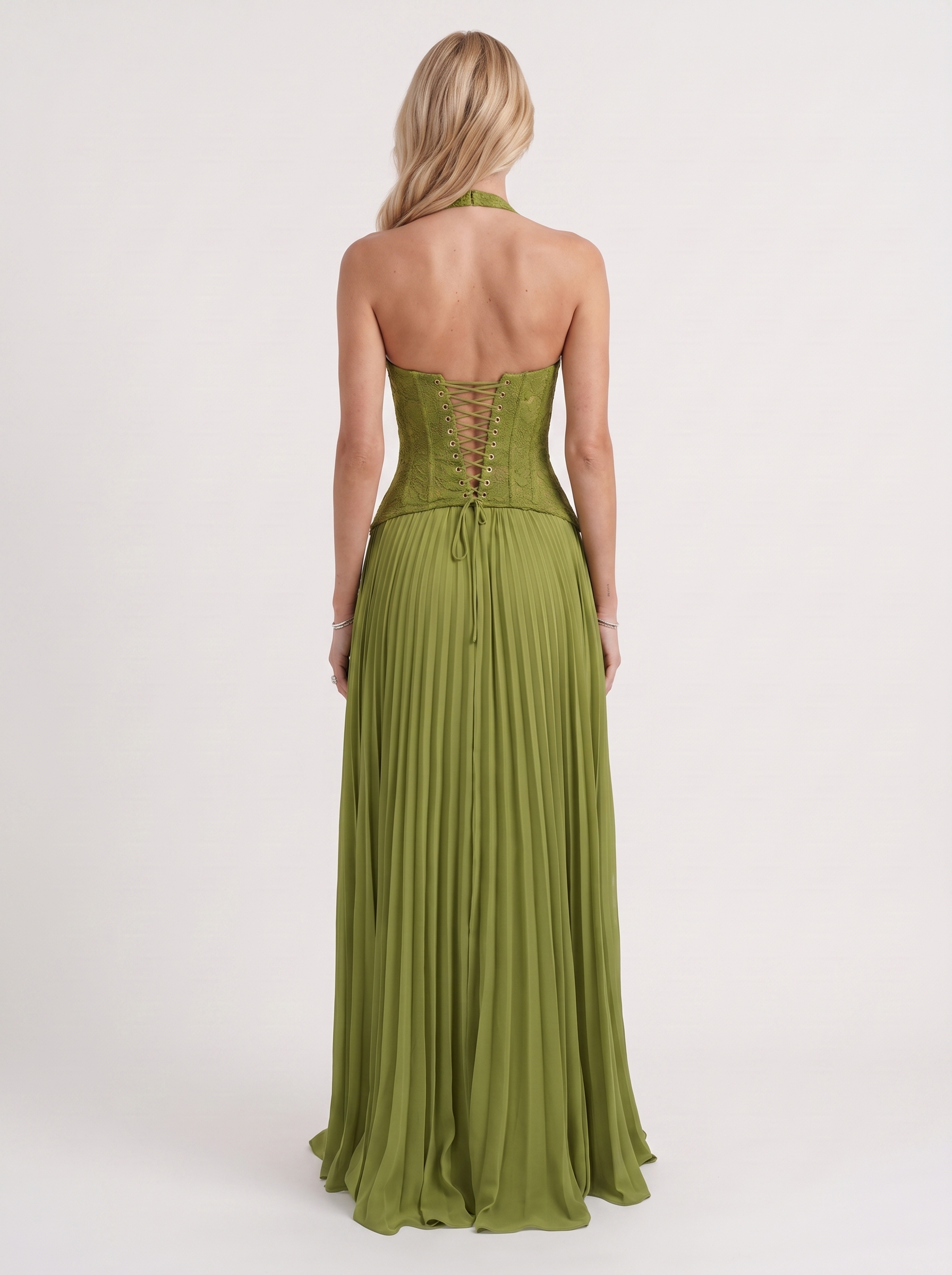 Women green floral lace bodice maxi dress with pleated skirt
