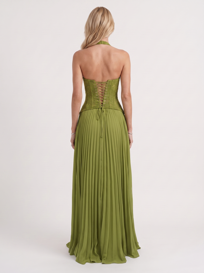 Women green floral lace bodice maxi dress with pleated skirt