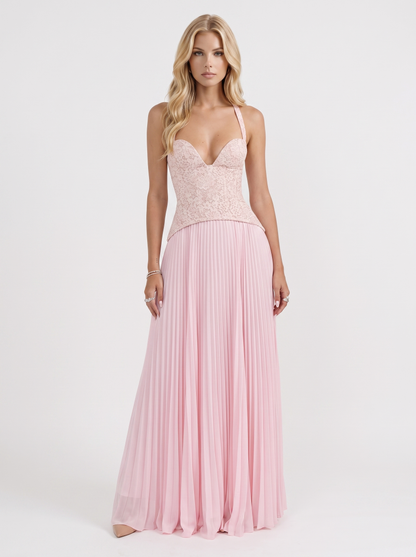 Women pink floral lace bodice maxi dress with pleated skirt