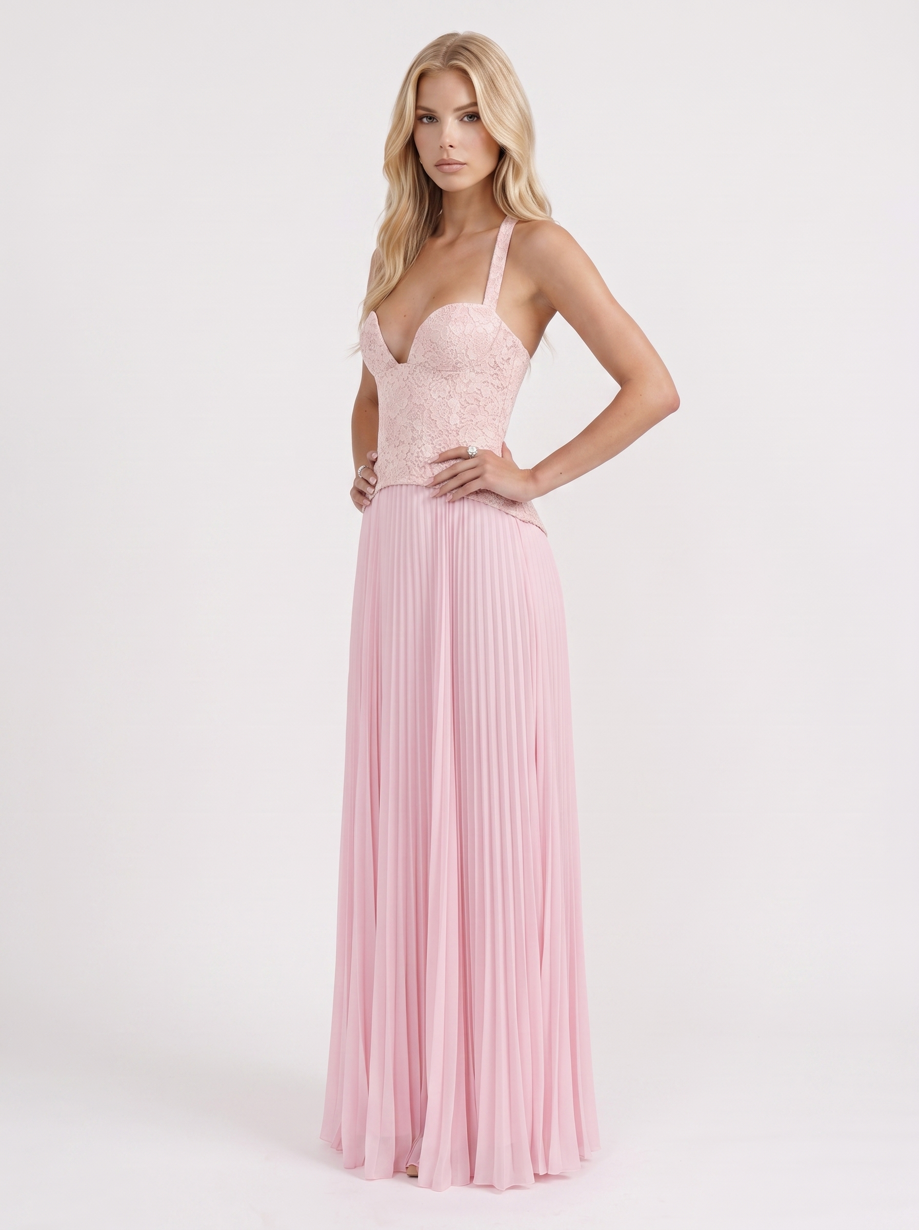 Women pink floral lace bodice maxi dress with pleated skirt