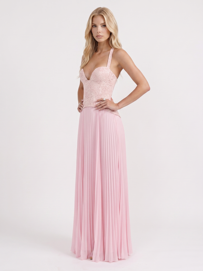 Women pink floral lace bodice maxi dress with pleated skirt