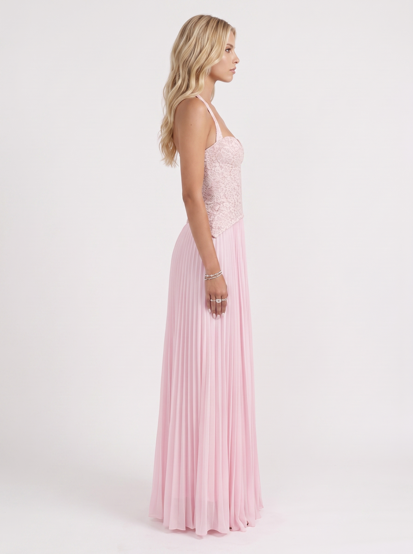 Women pink floral lace bodice maxi dress with pleated skirt