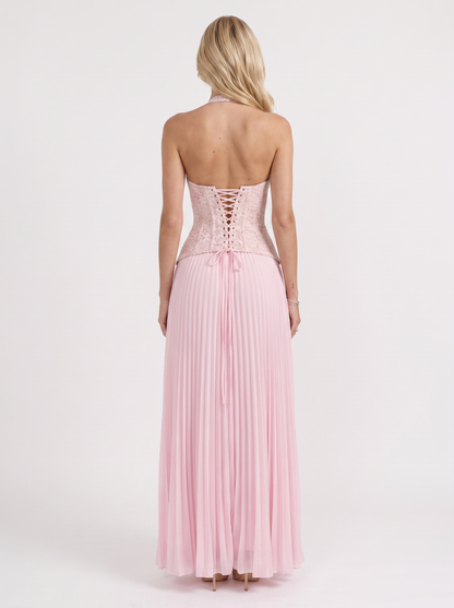 Women pink floral lace bodice maxi dress with pleated skirt